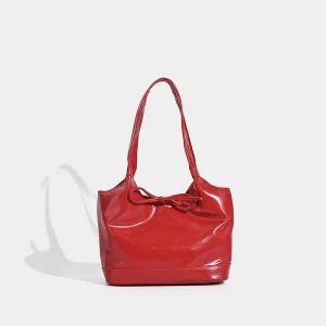 Vibrant Cherry Red Glossy Patent Pu Leather Soft Slouchy Bucket Design Drawstring Bow Cinched Closure Shoulder Bag