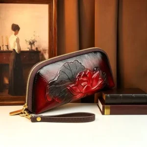 Vintage 3D Embossed Lotus Flower Leather Women’s Clutch Bag Elegant Oriental Style Long Wallet Purse with Wristlet Strap