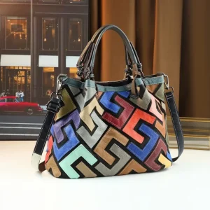Vintage Alphabet Print Handbag Patchwork Color Splicing Leather Bag Women Shoulder Crossbody Purse