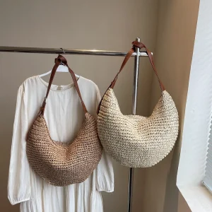 Vintage Bohemian Brown Straw Woven Women’s Crossbody Bag Eco-friendly Handmade Lady Style Beach Shoulder Bag