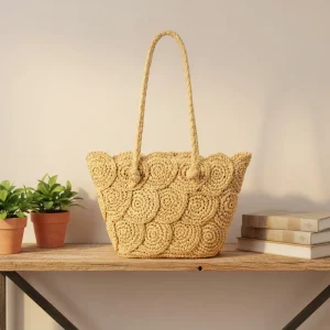 Vintage Bohemian Summer Casual Eco Friendly Beach Bucket Bag Handmade Crochet Small Straw Open Polyester Patch Shopping Bag