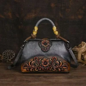 Vintage Chinese PU Zipper Crossbody Tote Bag Embossed Texture Floral Design Polyester Large Capacity Women’s Handbag