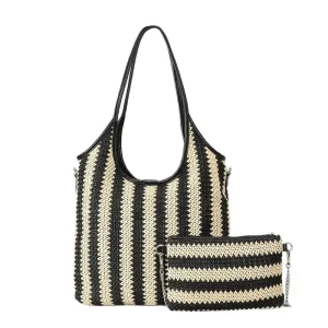 Vintage Contrast Stripe PP Straw Tote Bag Set for Women Large Capacity Beach Shoulder Handbag Summer Woven Underarm Bag