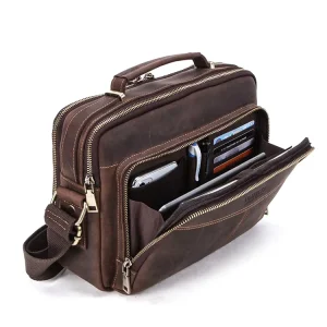 Vintage Crazy Horse Leather Satchel Crossbody Bag Men Large Capacity Shoulder Bag Mens Messenger Side Bag Leather Luxury