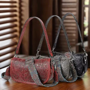 Vintage Embossed Leather Women Messenger Crossbody Bags Luxury Ladies Handbags Genuine Leather Shoulder Bag for Women
