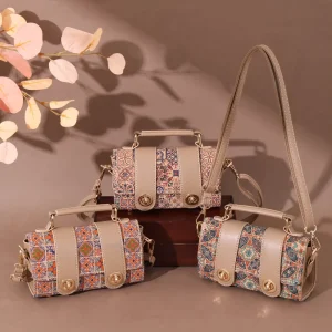 Vintage Fashion Cork Handbag Women Ethnic Patchwork Shoulder Bag Faux Leather Top Single Strap Crossbody Purse String Closure