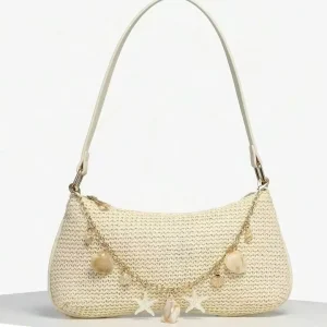 Vintage Fashion Trend Shell Pearl Leather Strap Straw Zip Underarm Shoulder Bag High End Small Casual All Match