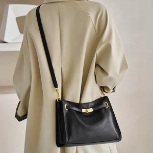 Vintage French Style Bag Premium Soft Leather Underarm Bag with Gold Lock Elegant Women’s Retro Shoulder Purse