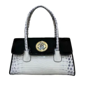 Vintage Full Grain Patent Leather Crocodile Pattern Satchel Elegant Flap Top Handle Shoulder Bag Magnetic Closure Patent Leather