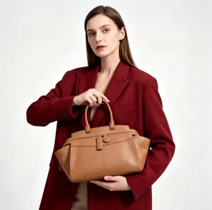 Vintage Genuine Leather Handbags Zipper Closure Durable Portable Waterproof Polyester Lining
