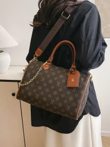Vintage Genuine Leather Waterproof Pillow Shape Handbag With Letter Print Shoulder Strap Zipper Closure 3L+ Capacity