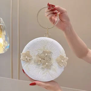 Vintage Handmade Flower Clutch for Women Wedding Bag Evening Bag with Metal Ring Handle Elegant Evening Bags with Pearl Chain