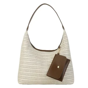 Vintage Ladies Summer Beach Woven Underarm Tote Bag PU Handle Casual Straw Shoulder Bag with Small Purse