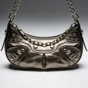 Vintage Metal Chain Hobo Bag Women Top Grain Cowhide Retro Studded Shoulder Crossbody Bag