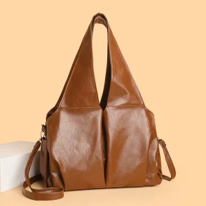Vintage Oil Wax PU Hobo Tote Bag Large Capacity Casual Shoulder Soft Crossbody Handbag Zipper Polyester Single Strap Women Solid