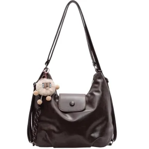 Vintage PU Leather Hobo Bags for Women Large Capacity Multi-way Shoulder Bags with Cute Pom Pom Charm for Daily Commute