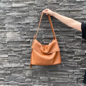 Vintage Soft Genuine Leather Shoulder Bag Women Large Slouchy Hobo Crossbody Satchel with Zipper for Daily Commute Travel