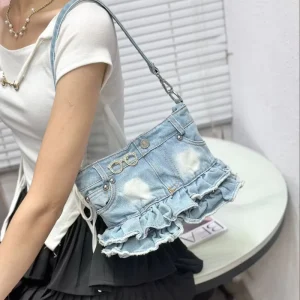 Vintage Stonewashed Denim Crossbody Bag Jeans Mini Skirt Handbag Grunge Goth Drawstring Rivet Shoulder Messenger Purse