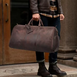 Vintage Style Zipper Closure Unisex Genuine Leather Gym Duffel Bag Weekend Travel Luggage Hand Bag with Shoe Case