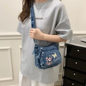 Vintage Washed Denim Bag Women’s Messenger Bag Daily Crossbody Bag with Multi-layer Zippers