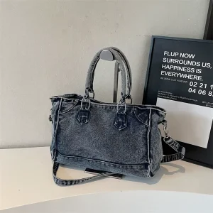Vintage Washed Denim Tote Bag Women Large Capacity Shoulder Crossbody Bag Summer Casual Versatile Purses