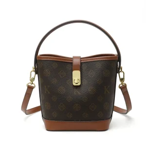 Vintage Women’s Bucket Bag with Geometric Pattern Cross-Back Design and Polyester Fiber Lining Inside