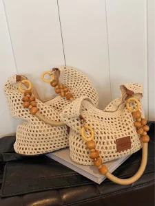 Vintage Women’s Woven Crochet Cotton Shoulder Bag with Zipper Closure Chains Embroidery Handmade Underarm Design