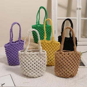 Vintage Wool Knitted Shoulder Shopping Bag for Women Cotton Cloth Tote Shopper Small Female Bucket Handbag Water Resistant