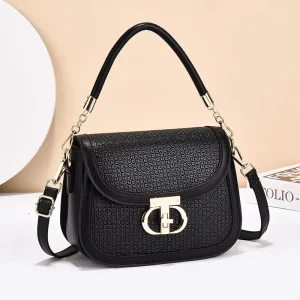 Vintage Woven Embossed Women Handbags Classic Black Saddle Bag Luxury Designer Shoulder Crossbody Bag with Gold Metal Lock