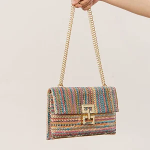 Vocation Woven Straw Shoulder Bag Multi Color Knit Crossbody Purse with Golden Chain Strap & Lock for Summer Beach Travel