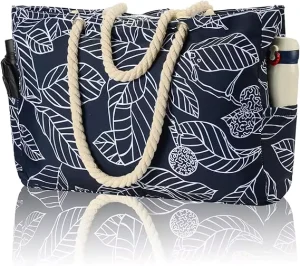 Waterproof Beach Bag with Zipper Large Tote Foldable Pool Bag with Multiple Pockets for Family Vacation