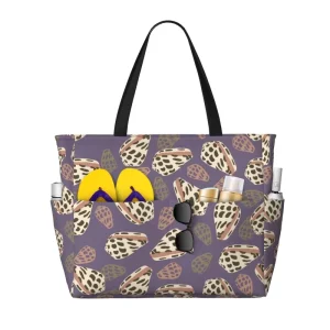 Waterproof Fabric Durable Beach Bag Hebrew Cone Shells Print Custom Design Women Tote Bag