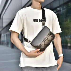 Waterproof Fashion PU Leather Rhombus Men’s Mini Shoulder Crossbody Sling Bag Small Messenger Satchel Bag with Strap