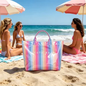 Waterproof Large Capacity Beach Tote Bag Stripe PVC Tote Bag for Women Summer Travel