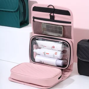 Waterproof Large Fashion Thread Pattern Zipper Closure Leather Women’s Makeup Bag with Travel Hook Cosmetics
