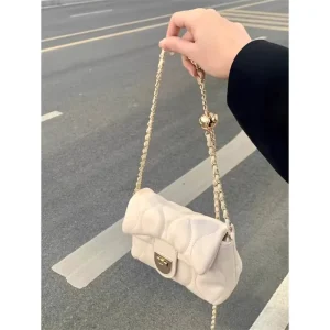 Waterproof Quilted Puffer Chain Bag Women’s Small Crossbody Purse Gold Metal Lock Bell Charm Flap