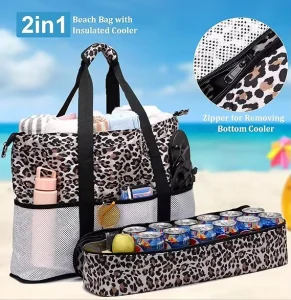 Waterproof Sand-proof Beach Tote Bags with Cooler Top Zipper Travel Leopard Print Polyester Beach Bag for Women