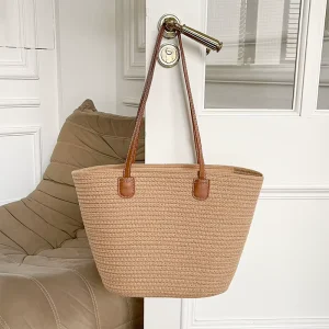 Waterproof Straw Shoulder Bag Durable Rattan Tote for Beach Travel Lightweight Summer Bag With Zipper Security