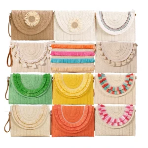 Wicker Fringe Flap Embroidery Vintage Natural Handbag Clutch Straw Crossbody Bag