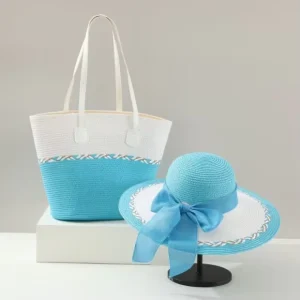 Wide Brim Handmade Customize Cowboy Holiday Nature Beach Summer Trend Stylish Women Bag and Straw Hat Set for Ladies