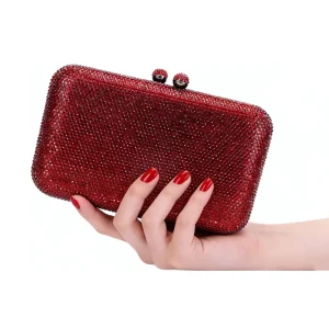Wine Red Crystal Rhinestones Women Evening Clutch Bag Bridal Wedding Clutches Party Dinner Prom Chain Shoulder Handbag Purse