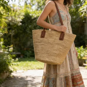 Women Beach Outdoor Traveling Tote Bag Vintage Japanese Style Woven Straw Drawstring Bucket Shoulder Bag