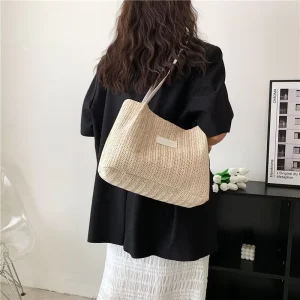 Women Casual Summer Beach Solid Color Woven Straw Portable Zipper Lining Polyester Tote Bag