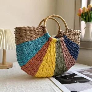 Women Colorful Beach Handbags Handwoven Rattan Paper Straw Market Bag with Bamboo Handle
