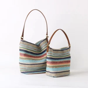 Women Crossbody Bag Summer Rainbow Colored Straw Woven Bucket Shoulder Bags with Cowhide Handle
