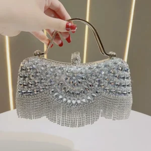 Women Crystal Rhinestone Evening Clutch Bag Silver Tassel Handbag for Wedding Party