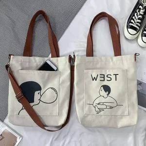 Women Cute Customized Logo Large Crossbody Messenger Custom Shopping Cotton Canvas Tote Bag with Pocket