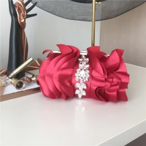 Women Evening Satin Bag Small 3D Floral Satin Purses Rhinestone Flower Formal Party Bag Detachable Chain Clutch Bag for Wedding