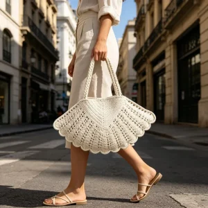 Women Fan Shaped Hand Crochet Natural Straw Handbag Portable Fashion Factory Direct Factory Custom