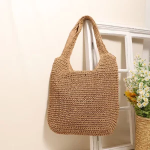 Women Fashion Beach Shoulder Handmade Straw Handbag Hand woven Summer Spring Autumn Zip Portable Two Strap